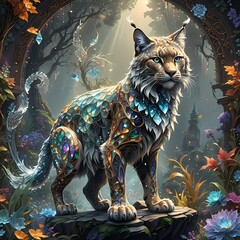 Wall Mural - a digital painting of a cat in a forest, with flowers surrounding it