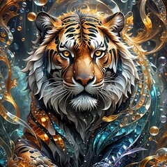 Wall Mural - a digital illustration of a tiger and bubbles of water on its face