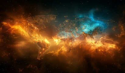 Aufkleber - Glowing abstract world map with fiery orange and blue continents, showcasing a dynamic, energetic representation of global geography and night lights, Gernerative AI