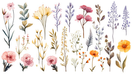  Plants in bloom. Watercolor style. Set botanic blossom wildflowers.