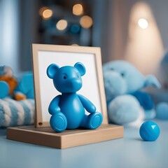 Canvas Print - AI-generated illustration of a Blue teddy bear surrounded by toys in front of a white frame