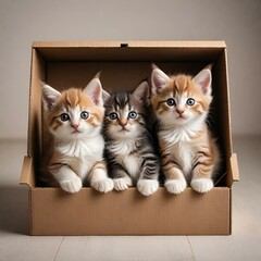 Canvas Print - AI-generated illustration of Three tiny kittens seated in a cardboard box, looking at the camera