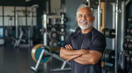 Elderly Hispanic Male Fitness Trainer Confidently Posing in Modern Gym for Workout and Fitness Concepts