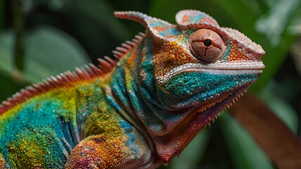 Poster - AI generated illustration of a vibrant chameleon showcased for viewing