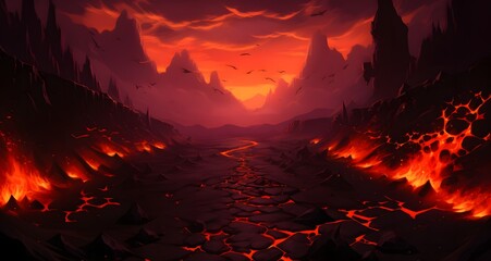 Wall Mural - AI generated illustration of a scenic view of volcanic mountains under a fiery red and orange sky