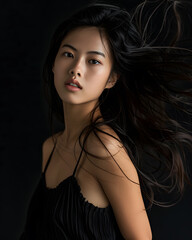 Wall Mural - A Asian female model, captured in a dynamic mid-turn pose, with her hair gracefully flowing and her eyes looking towards the camera, set against a solid black background.