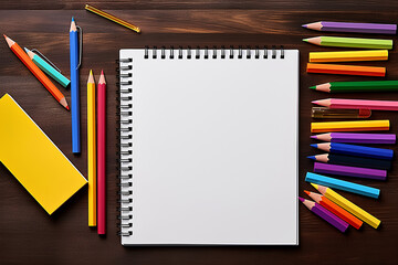 Top view of a large group of multicoloured school or office supplies shot on a rustic dark wood desk. A blank note pad is at the centre of the composition with a handy copy 