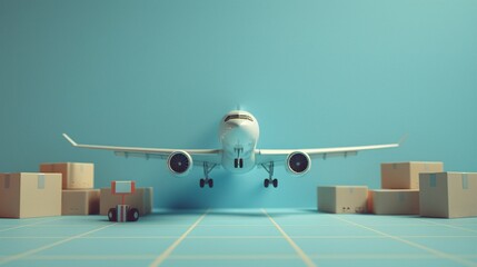 Wall Mural - Cargo plane prepares for takeoff surrounded by cardboard boxes in warehouse, symbolizing logistics, shipping, and global delivery services.