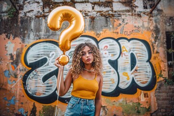 Wall Mural - ai generated illustration of a woman holding a question mark balloon in front of graffiti wall
