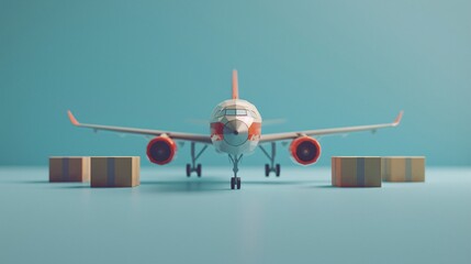 Wall Mural - Front view of a cargo airplane with shipping boxes, symbolizing global transportation and logistics on a blue background.