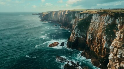 Wall Mural - A wideangle photo showcasing dramatic coastal cliffs overlooking a vast ocean with crashing waves against the rocky shore