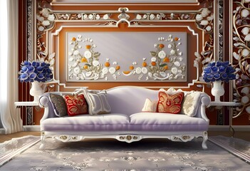 Poster - AI-generated illustration of a Victorian-style sofa against a wall with floral decorations