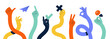 © YummyBuum - Comic flexible hands. Long color arms, curved limbs holding different elements, various finger gestures, signs and symbols. Thumb finger up and ok. Tidy vector cartoon flat isolated set