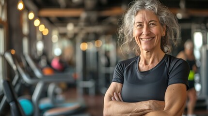 Wall Mural - Confident Elderly Female Fitness Trainer at the Gym, Promoting Healthy Aging, Fitness Motivation