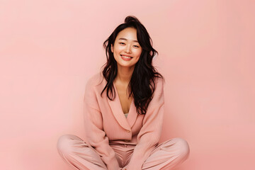 Wall Mural - A Asian female model, sitting cross-legged with a serene smile, wearing a stylish outfit, positioned against a solid pastel pink background. The lighting is natural.