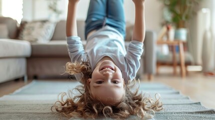 Wall Mural - Young girl bend upside down, playing in living room at home
