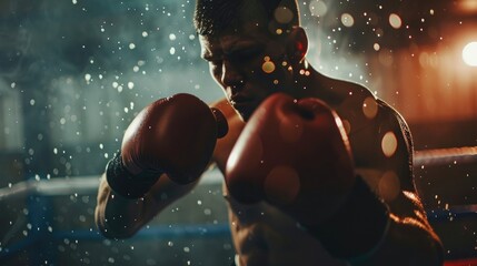 Wall Mural - Young man boxer practicing a left hit boxing during workout