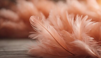 Wall Mural - Closeup of pink feathers spread on a wooden surface, AI-generated.