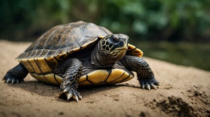 Wall Mural - AI generated illustration of a turtle basking on sandy shore