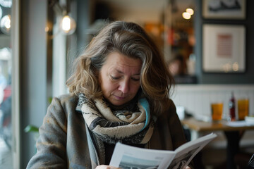 Poster - Woman Learning About Bonds on Tablet in Tranquil Cafe Environment