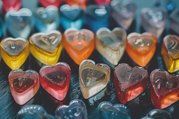 Poster - Heart shaped candies with vibrant colors, set against a soft background, creating a cheerful and high tech visual with a touch of sweetness 