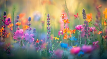 Wall Mural - A close-up shot of a vibrant wildflower meadow bursting with color, showcasing a variety of blooms in a stunning display of natures beauty
