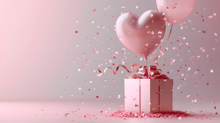 Wall Mural - A happy pink gift box with liquid heartshaped balloons inside