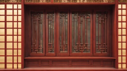 Wall Mural - Generative AI. Embrace the allure of the Orient with this beautiful Chinese-style room, adorned with intricately carved wooden doors and windows. A true masterpiece that effortlessly blends elegance 