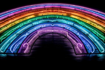 Sticker - Neon rainbow arch glowing on a dark background, creating a vibrant and high tech visual with a touch of urban style 