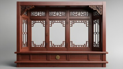 Wall Mural - Generative AI. Embrace the allure of the Orient with this beautiful Chinese-style room, adorned with intricately carved wooden doors and windows. A true masterpiece that effortlessly blends elegance 