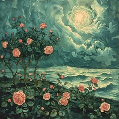 Poster - AI-generated painting of Pink roses in foreground contrast with ocean backdrop in stunning artwork