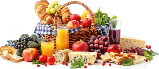 Tasty summer picnic spread in a basket with crunchy bread, ripe fruit and drinks, accompanied by cheese and tomatoes displayed on a white background.