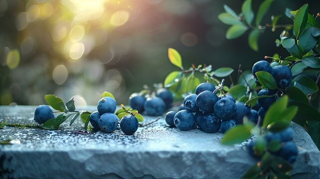 AI-generated illustration of blueberries on rocky surface at sunset