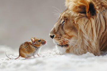 Wall Mural - A fierce lion roaring at a quiet mouse. Concept of strength vs. meekness. Generative Ai.