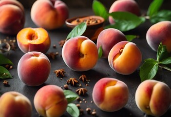 Wall Mural - a bunch of small peaches on a table with green leaves