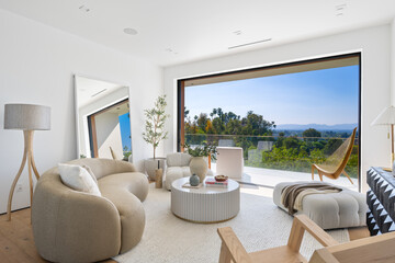 Wall Mural - Spacious living room with forest view through a glass door