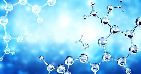 Wall Mural - horizontal banner with model of abstract molecular structure. background of blue color with glass at