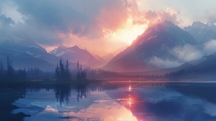 Dive into the tranquility of an anglocore-inspired AI masterpiece, portraying a mountainous landscape and reflective lake at sunset, evoking a sense of peaceful nostalgia