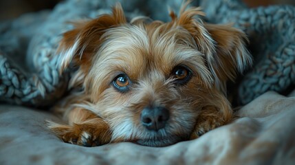 Wall Mural - AI generated illustration of an adorable brown dog snuggled under covers on a bed with a blanket