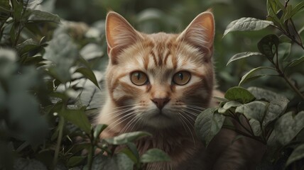 Wall Mural - AI generated illustration of a brown and white cat amidst lush greenery and leaves