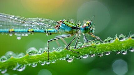 Canvas Print - a blue dragonfly sitting on a plant in the rain