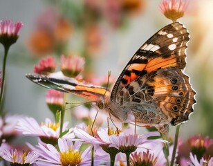 Wall Mural - AI generated illustration of a butterfly perched on flowers in natural setting