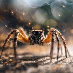 Wall Mural - AI generated illustration of a jumping spider faces flying insects in close proximity