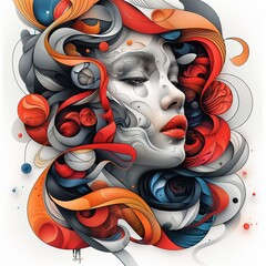 Sticker - AI generated illustration of a vibrant portrait of a woman in swirly patterns