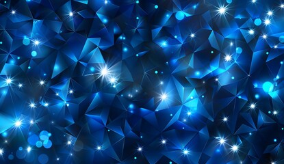 Abstract blue polygon background with shining lights and night sky with stars, in the low poly style
