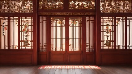 Wall Mural - Generative AI. Indulge in Eastern luxury with this magnificent Chinese-style room. The rich wooden doors and windows exude a sense of grandeur, while the intricate design pays homage to ancient crafts