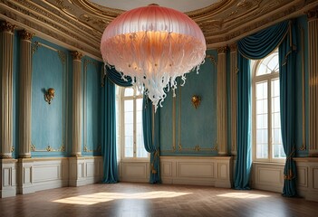 Wall Mural - a room with lots of windows and curtains on it and a chandelier