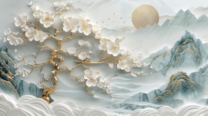 3D wallpaper with a white tree and golden leaves, a marble background with a landscape.