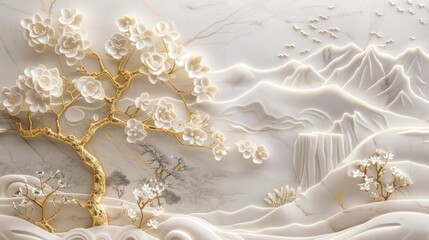 3D wallpaper with a white tree and golden leaves, a marble background with a landscape.