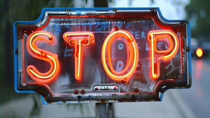 Wall Mural - a neon sign showing the time for stop on a city street